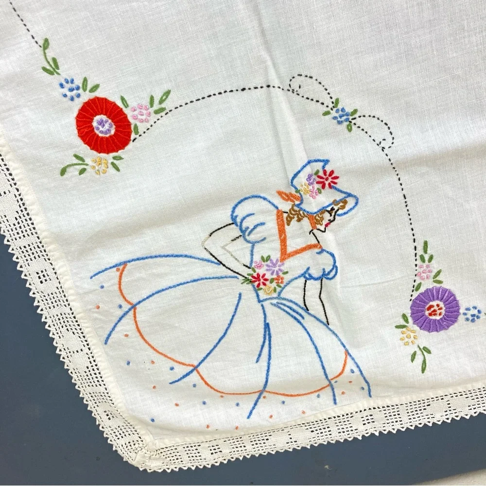 Vintage Hand Embroidered Linen & Lace Tablecloth Crinoline Ladies in Hoop Skirts